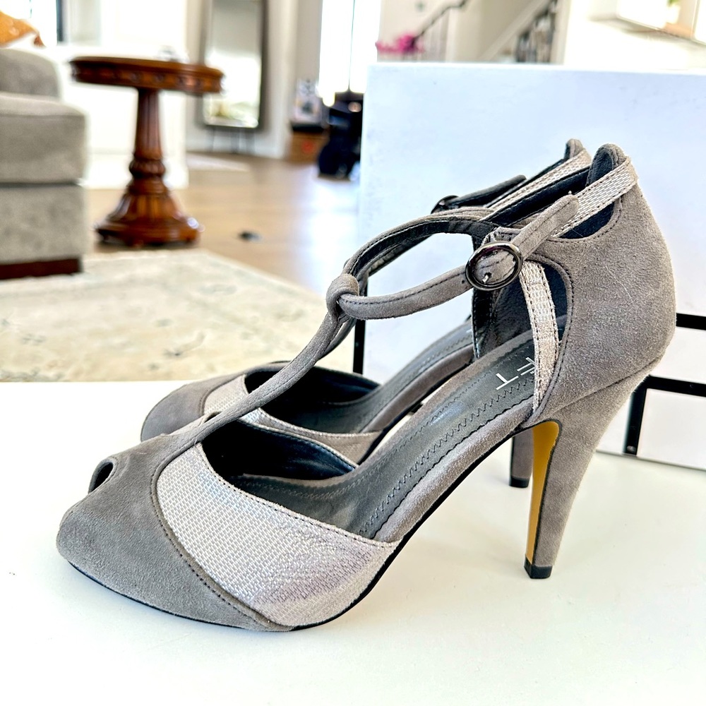 LOFT Suede Open Toe T-Strap Pump, Grey and Silver, Size 8, NWB